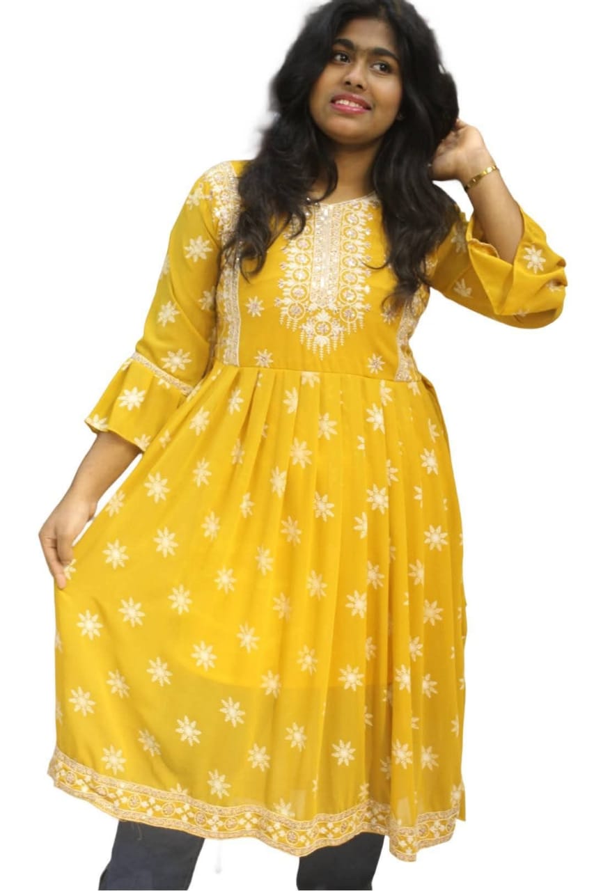 "মাস্টার্ড ইয়েলো জর্জেট আনারকলি কুর্তি"